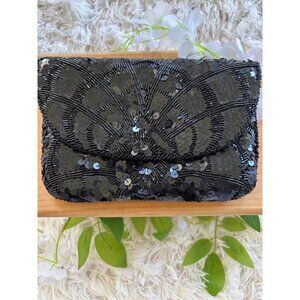 Vintage Carolyne Barton Black Beaded & Sequin Clutch Evening Bag